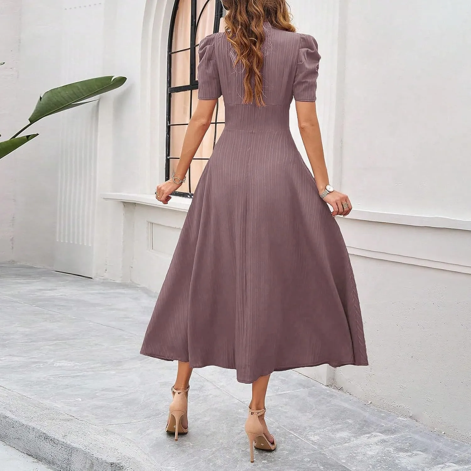 Elegant Women's Vintage A-Line Midi Dress with Puff Sleeves and V-Neck for Party, Wedding, Evening Outfits
