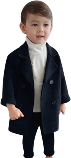 EnJoCho Kids Boys Coat Plaid Elegant Notched Collar Double Breasted Wool Blend Jacket Winter Trench Coat 12M-5Years (Black-01, 12-18 Months)