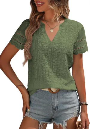 EVALESS Summer Tops for Women 2025 Short Sleeve V Neck Dressy Lace Eyelet Blouses Shirts
