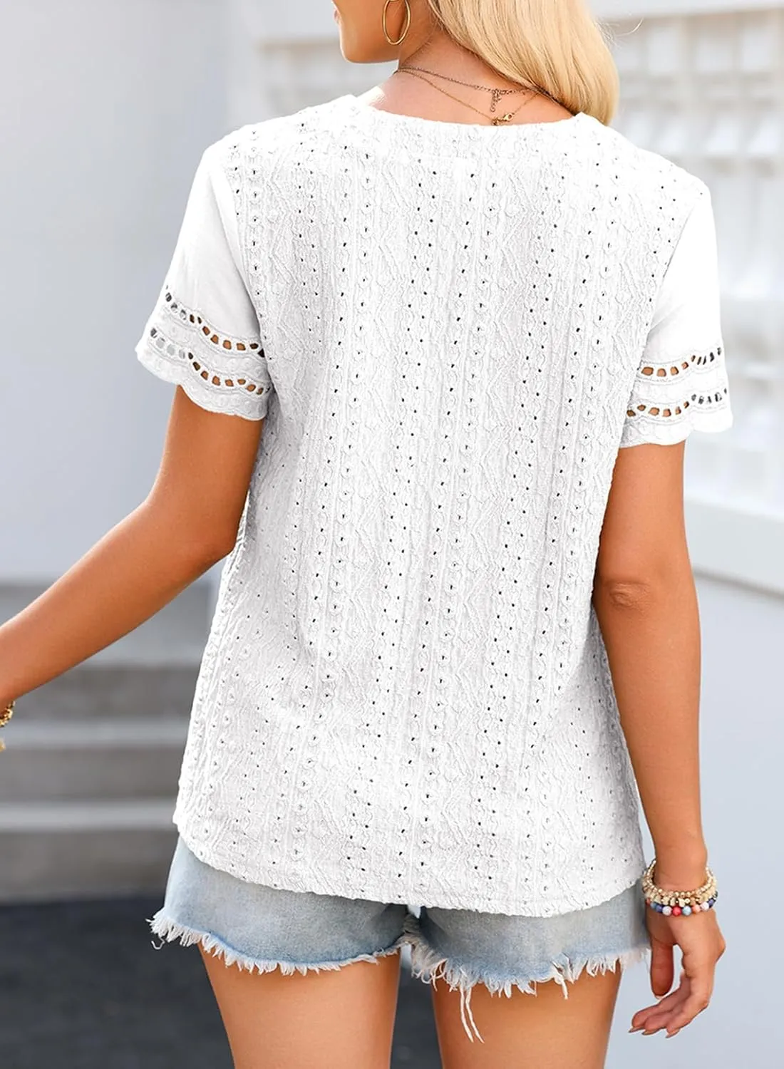 EVALESS Summer Tops for Women 2025 Short Sleeve V Neck Dressy Lace Eyelet Blouses Shirts