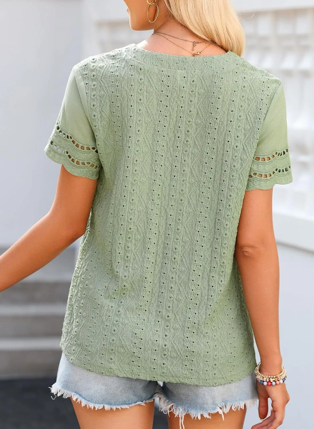 EVALESS Summer Tops for Women 2025 Short Sleeve V Neck Dressy Lace Eyelet Blouses Shirts