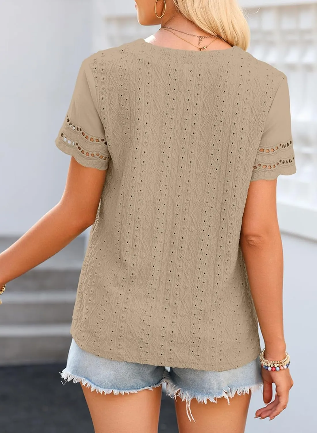 EVALESS Summer Tops for Women 2025 Short Sleeve V Neck Dressy Lace Eyelet Blouses Shirts