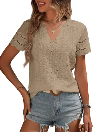EVALESS Summer Tops for Women 2025 Short Sleeve V Neck Dressy Lace Eyelet Blouses Shirts