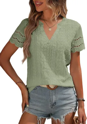 EVALESS Summer Tops for Women 2025 Short Sleeve V Neck Dressy Lace Eyelet Blouses Shirts
