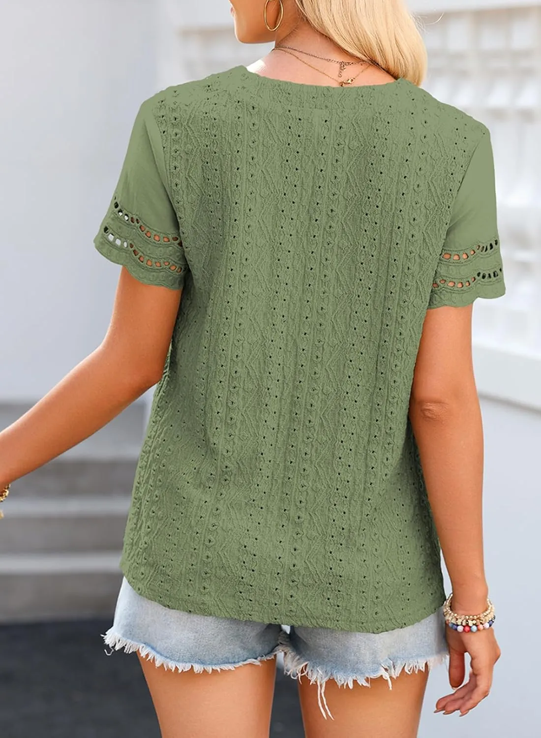 EVALESS Summer Tops for Women 2025 Short Sleeve V Neck Dressy Lace Eyelet Blouses Shirts