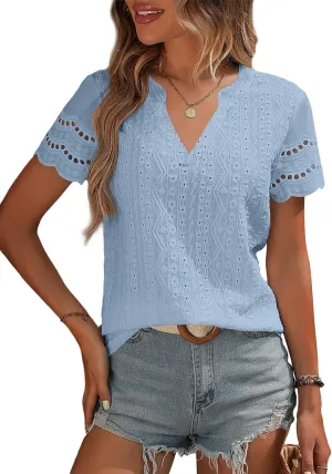 EVALESS Summer Tops for Women 2025 Short Sleeve V Neck Dressy Lace Eyelet Blouses Shirts