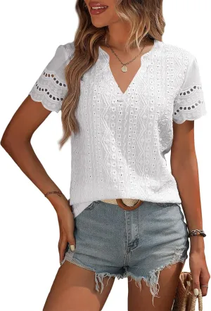 EVALESS Summer Tops for Women 2025 Short Sleeve V Neck Dressy Lace Eyelet Blouses Shirts