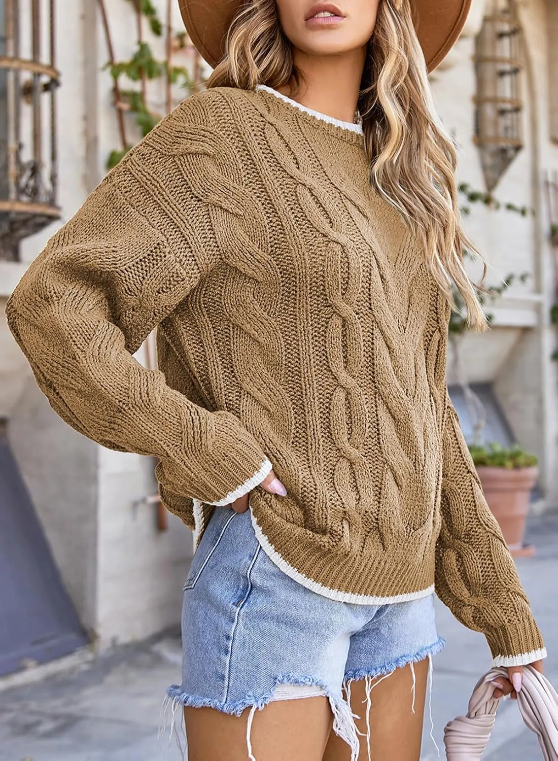 EVALESS Sweaters for Women Trendy Crewneck Long Sleeve Color Block Sweater Tops Fall 2024 Chunky Cable Knit Pullover Sweaters