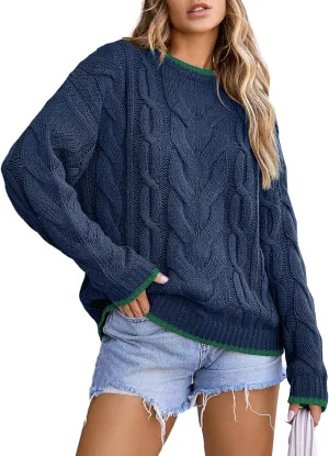 EVALESS Sweaters for Women Trendy Crewneck Long Sleeve Color Block Sweater Tops Fall 2024 Chunky Cable Knit Pullover Sweaters