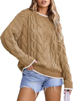 EVALESS Sweaters for Women Trendy Crewneck Long Sleeve Color Block Sweater Tops Fall 2024 Chunky Cable Knit Pullover Sweaters