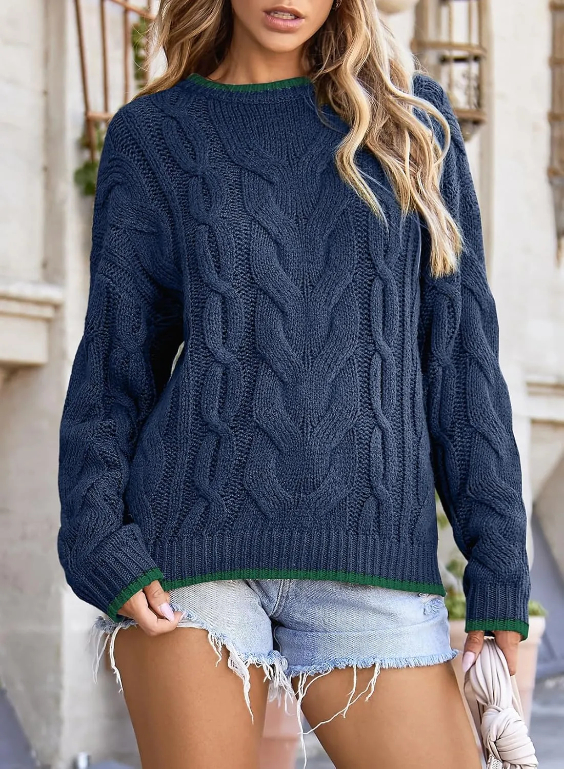 EVALESS Sweaters for Women Trendy Crewneck Long Sleeve Color Block Sweater Tops Fall 2024 Chunky Cable Knit Pullover Sweaters