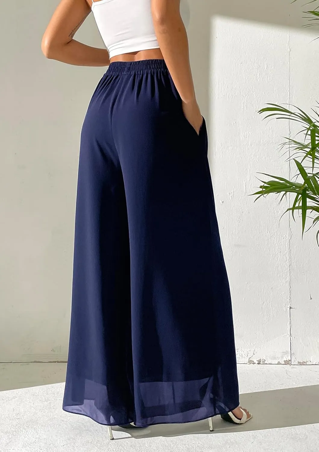 Fakanhui Women's Chiffon Wide Leg Palazzo Pants High Elastic Waist Casual Flowy Business Trousers