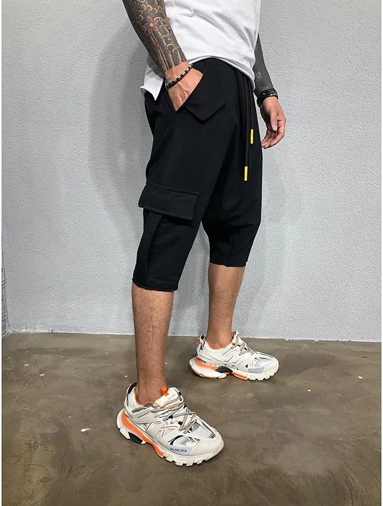 Familyhouse 3/4 Mens Hippie Pants Drop Crotch Harem Pants Genie Pants Mens Capri Cotton Baggy Shorts Wide Leg Trousers