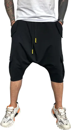 Familyhouse 3/4 Mens Hippie Pants Drop Crotch Harem Pants Genie Pants Mens Capri Cotton Baggy Shorts Wide Leg Trousers