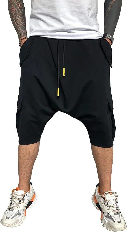 Familyhouse 3/4 Mens Hippie Pants Drop Crotch Harem Pants Genie Pants Mens Capri Cotton Baggy Shorts Wide Leg Trousers