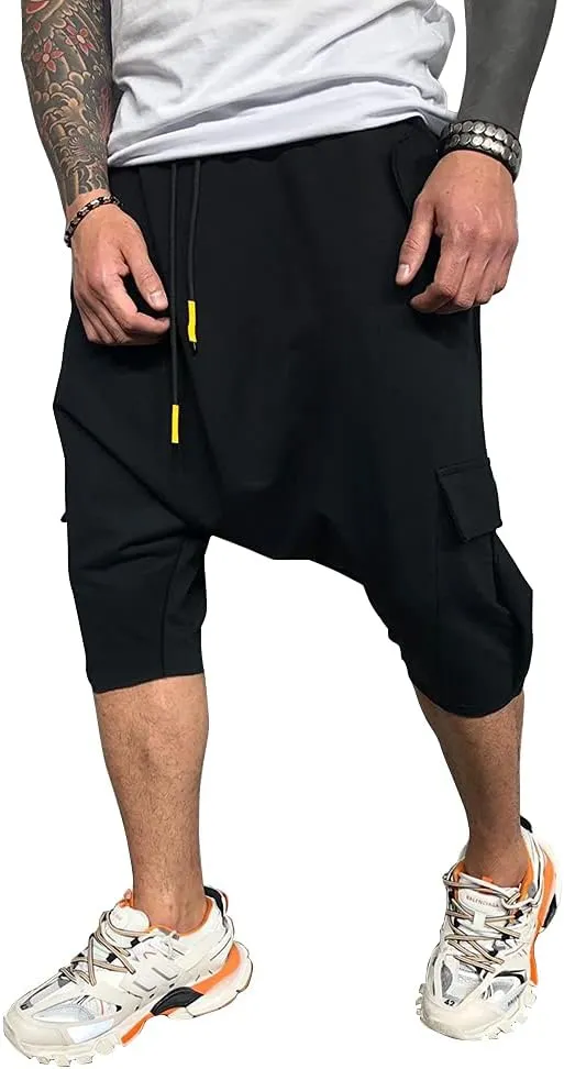 Familyhouse 3/4 Mens Hippie Pants Drop Crotch Harem Pants Genie Pants Mens Capri Cotton Baggy Shorts Wide Leg Trousers