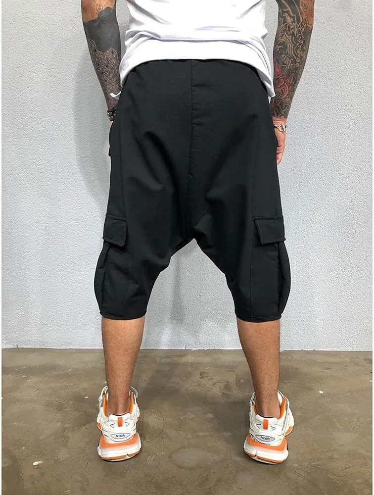 Familyhouse 3/4 Mens Hippie Pants Drop Crotch Harem Pants Genie Pants Mens Capri Cotton Baggy Shorts Wide Leg Trousers