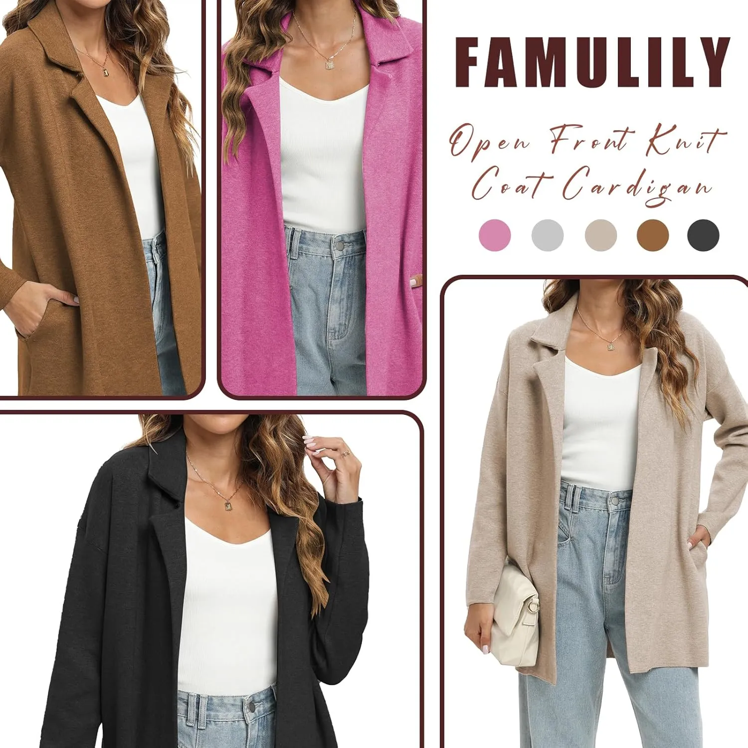 Famulily Cozy Coatigan for Women Casual Lapel Long Sleeve Midi Long Blazer Coat with Pockets