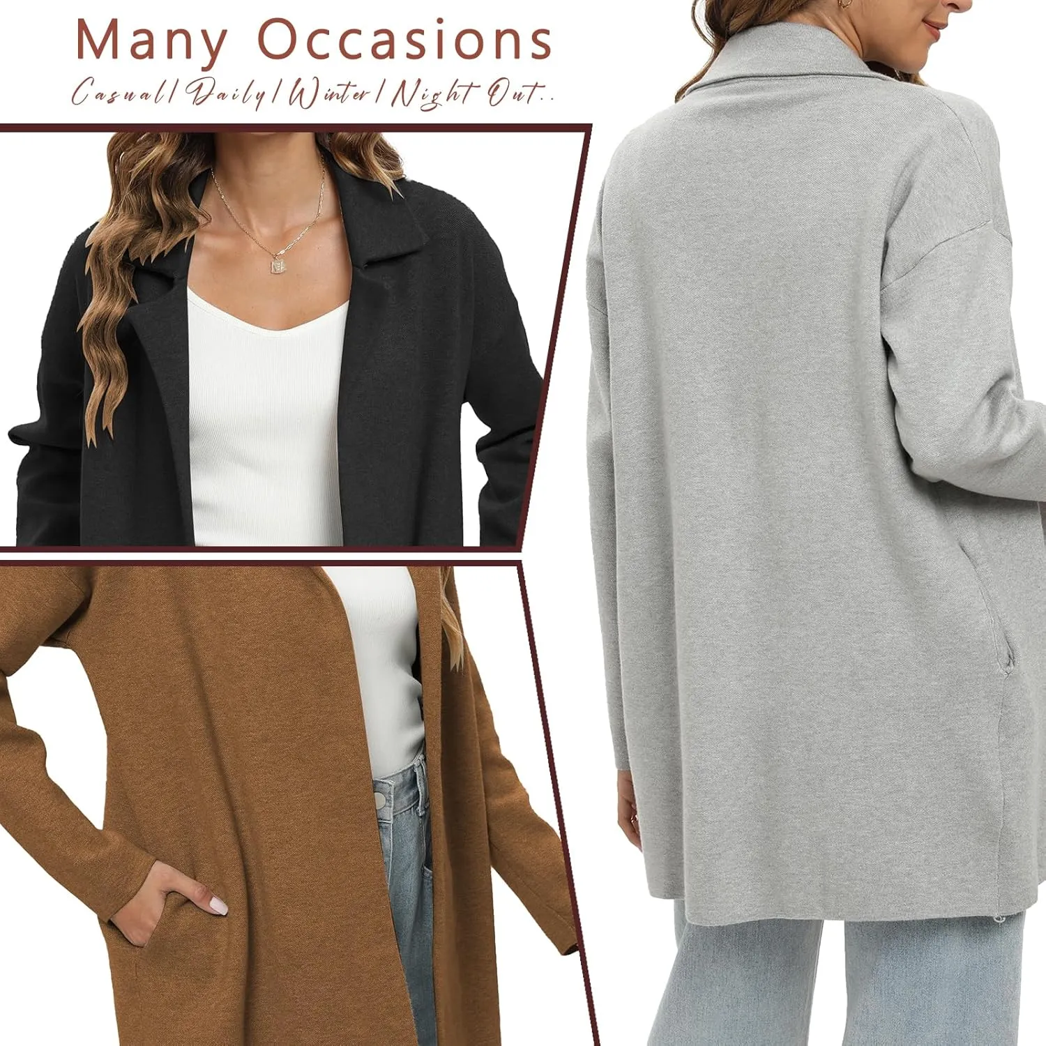 Famulily Cozy Coatigan for Women Casual Lapel Long Sleeve Midi Long Blazer Coat with Pockets