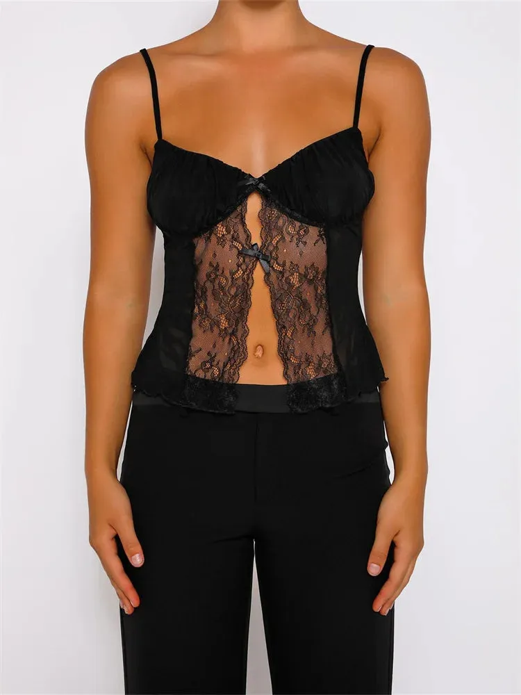 FashionSierra - 2024 Tank Top Spaghetti Strap Camisoles Sleeveless V-Neck Lace Patchwork Front Split Vest Summer Y2K Streetwear  Crop Tops