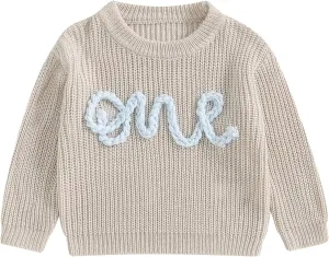 First Birthday Outfit Baby Girl Boy Cute Letter Embroidery Warm Long Sleeve Oversized Sweater Infant Knitwear