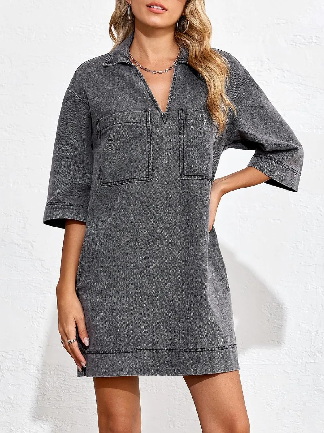 Fisoew Womens Denim Shirt Dress Summer Collared V Neck Mini Casual Jean Dresses with Pockets