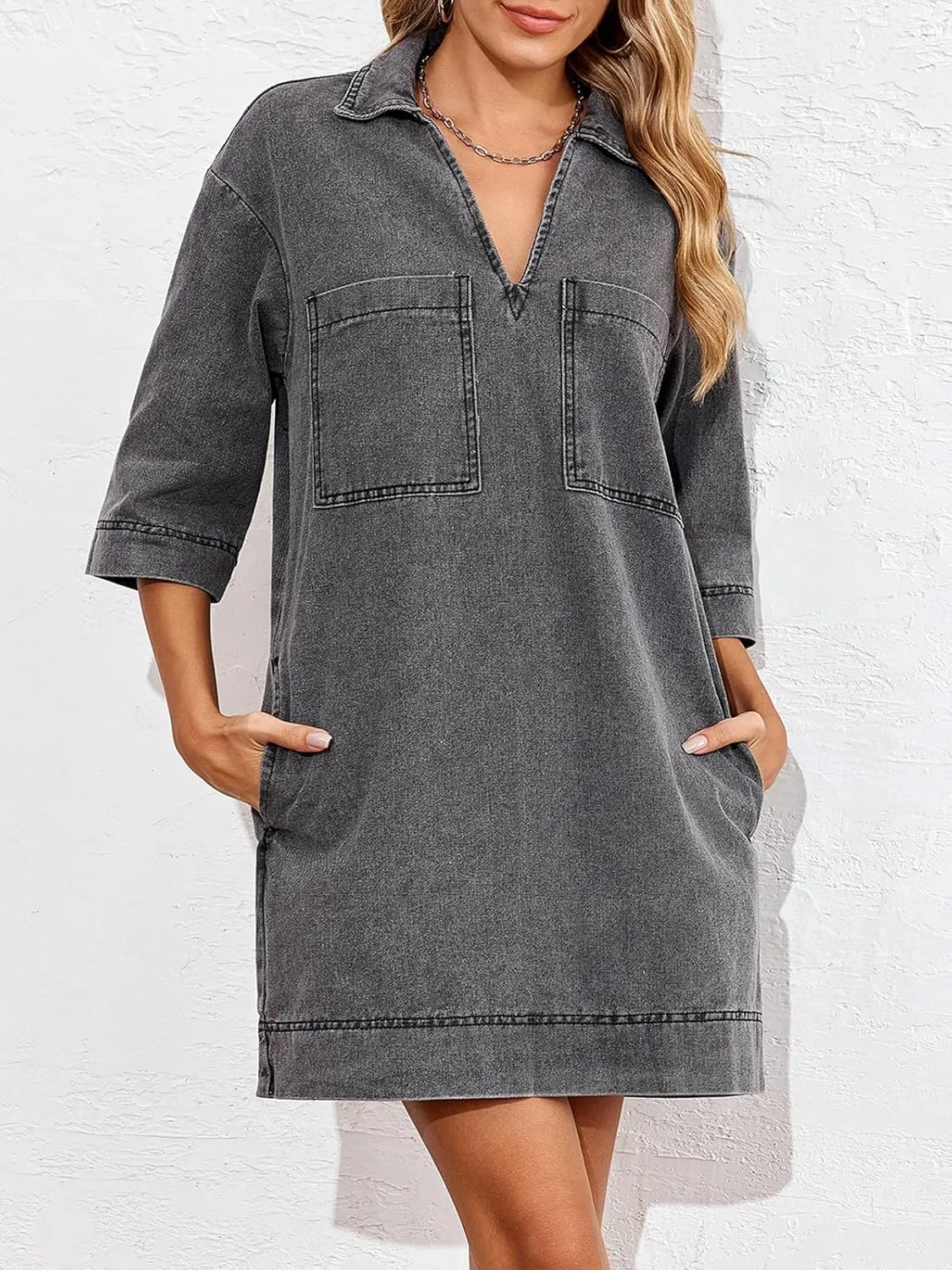 Fisoew Womens Denim Shirt Dress Summer Collared V Neck Mini Casual Jean Dresses with Pockets