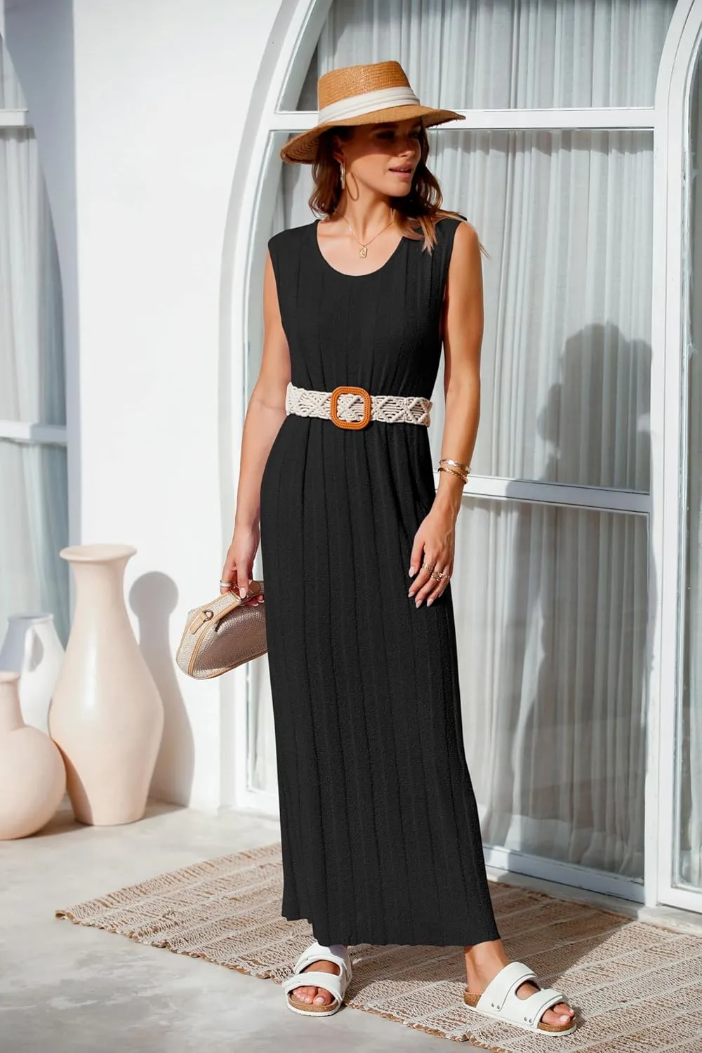 Fisoew Women's Summer Sleeveless Maxi Dress Scoop Neck Ribbed Knit Tank Top Dresses