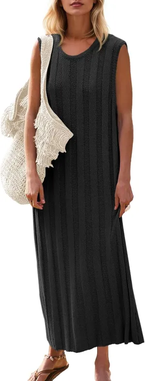 Fisoew Women's Summer Sleeveless Maxi Dress Scoop Neck Ribbed Knit Tank Top Dresses