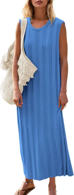 Fisoew Women's Summer Sleeveless Maxi Dress Scoop Neck Ribbed Knit Tank Top Dresses