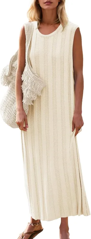 Fisoew Women's Summer Sleeveless Maxi Dress Scoop Neck Ribbed Knit Tank Top Dresses