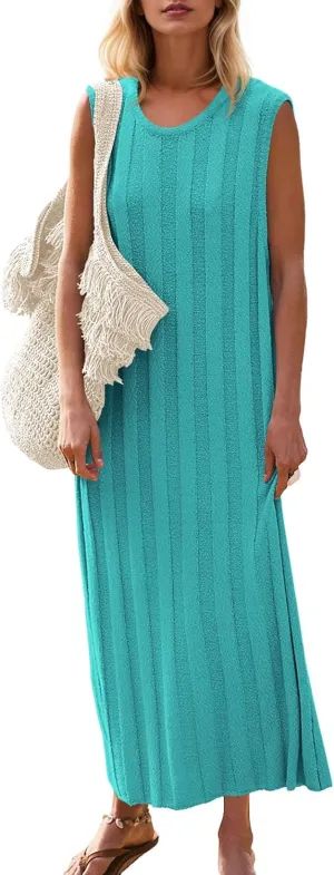 Fisoew Women's Summer Sleeveless Maxi Dress Scoop Neck Ribbed Knit Tank Top Dresses