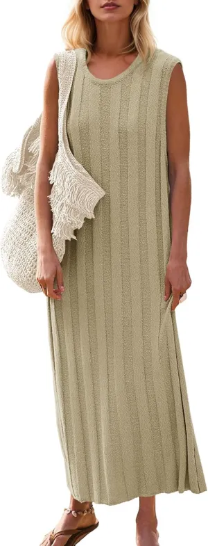 Fisoew Women's Summer Sleeveless Maxi Dress Scoop Neck Ribbed Knit Tank Top Dresses