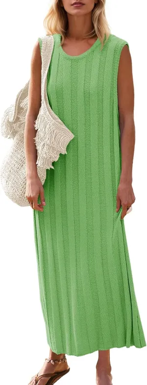 Fisoew Women's Summer Sleeveless Maxi Dress Scoop Neck Ribbed Knit Tank Top Dresses