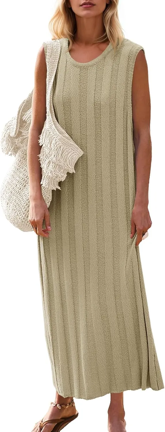 Fisoew Women's Summer Sleeveless Maxi Dress Scoop Neck Ribbed Knit Tank Top Dresses