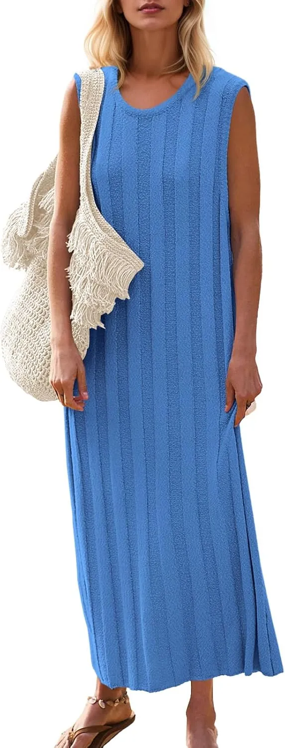Fisoew Women's Summer Sleeveless Maxi Dress Scoop Neck Ribbed Knit Tank Top Dresses