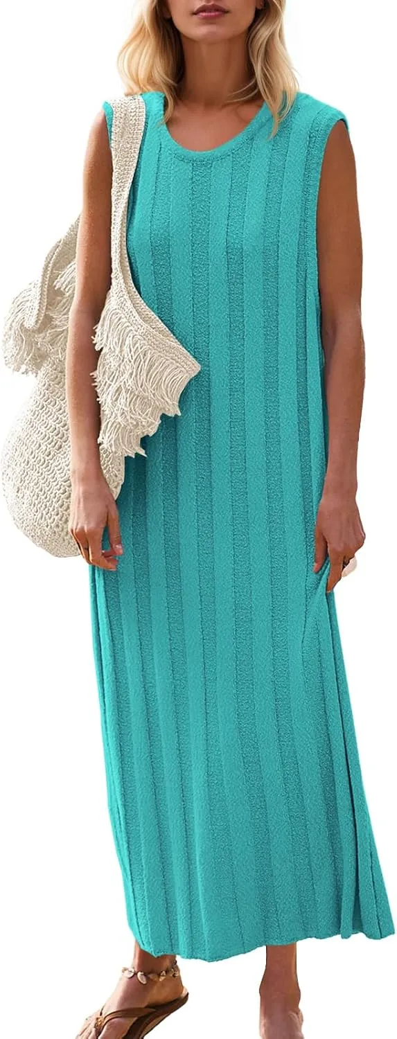 Fisoew Women's Summer Sleeveless Maxi Dress Scoop Neck Ribbed Knit Tank Top Dresses