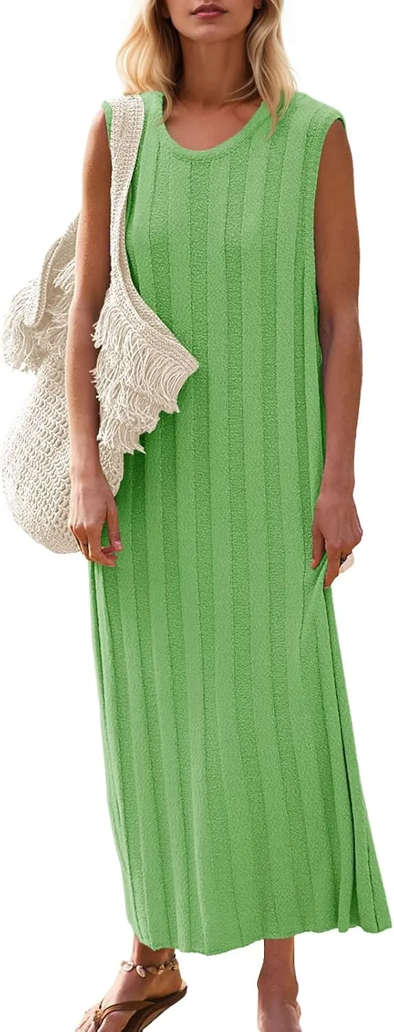 Fisoew Women's Summer Sleeveless Maxi Dress Scoop Neck Ribbed Knit Tank Top Dresses