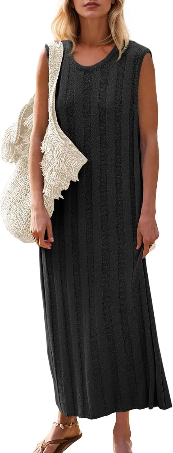 Fisoew Women's Summer Sleeveless Maxi Dress Scoop Neck Ribbed Knit Tank Top Dresses