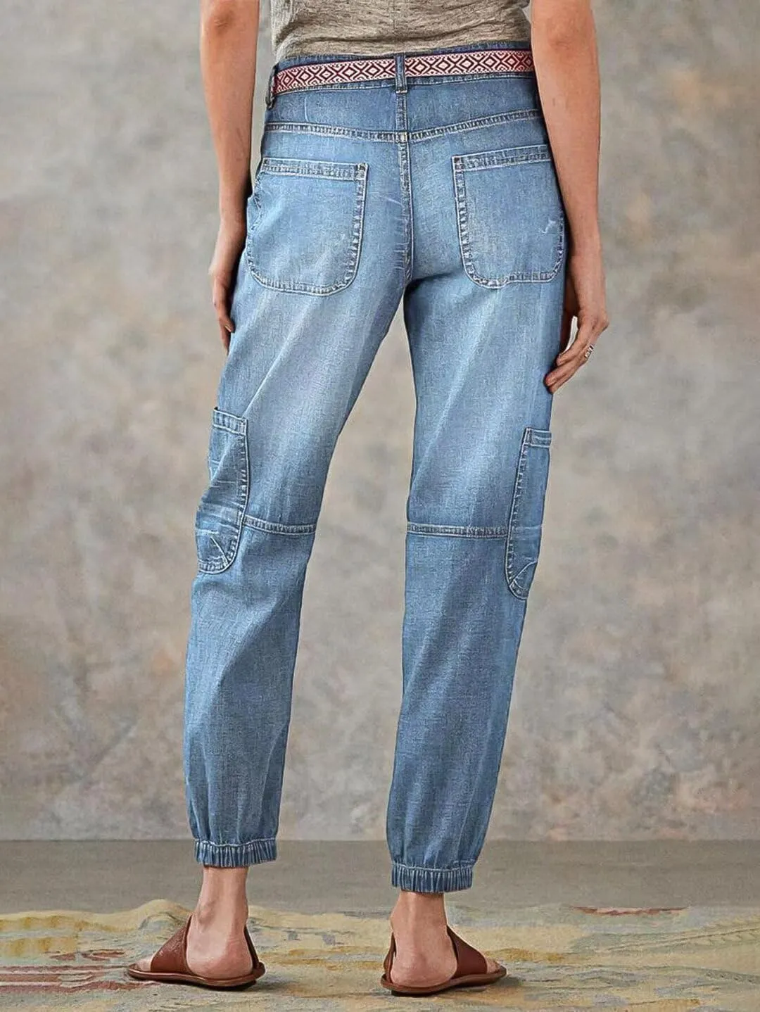 Flamingals Straight Leg Button Fly Jeans for Women Multi Pocket Mid Rise Jeans Without Belt Denim Pants