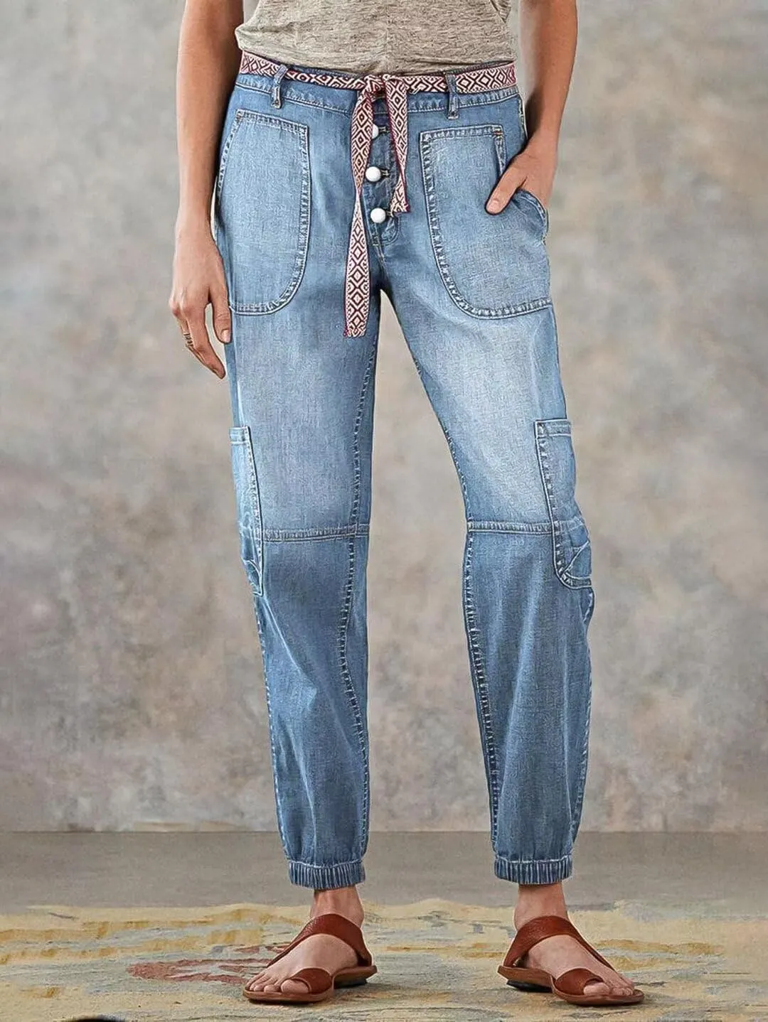 Flamingals Straight Leg Button Fly Jeans for Women Multi Pocket Mid Rise Jeans Without Belt Denim Pants