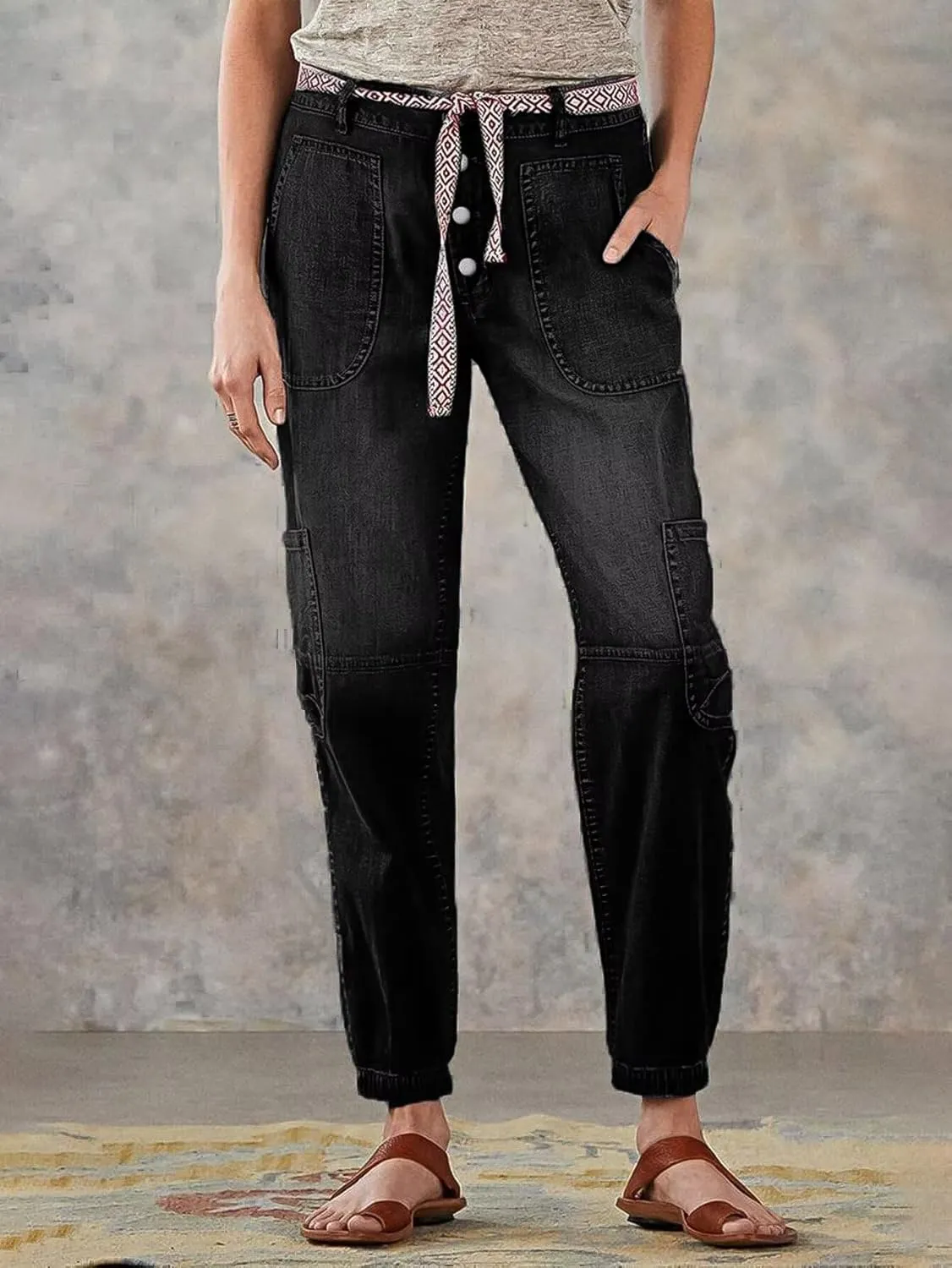 Flamingals Straight Leg Button Fly Jeans for Women Multi Pocket Mid Rise Jeans Without Belt Denim Pants