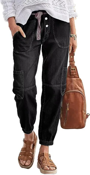 Flamingals Straight Leg Button Fly Jeans for Women Multi Pocket Mid Rise Jeans Without Belt Denim Pants