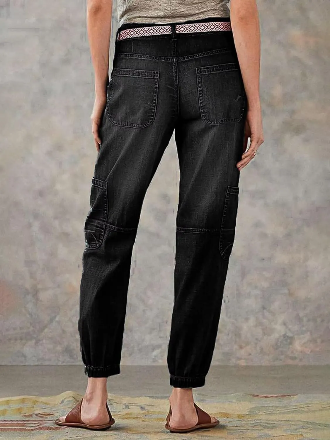 Flamingals Straight Leg Button Fly Jeans for Women Multi Pocket Mid Rise Jeans Without Belt Denim Pants