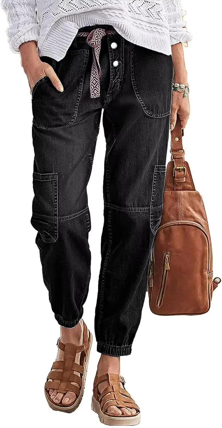 Flamingals Straight Leg Button Fly Jeans for Women Multi Pocket Mid Rise Jeans Without Belt Denim Pants