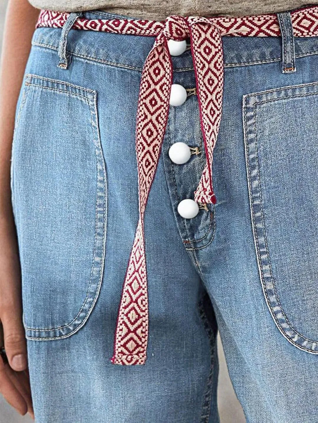 Flamingals Straight Leg Button Fly Jeans for Women Multi Pocket Mid Rise Jeans Without Belt Denim Pants