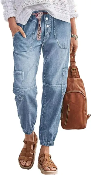 Flamingals Straight Leg Button Fly Jeans for Women Multi Pocket Mid Rise Jeans Without Belt Denim Pants