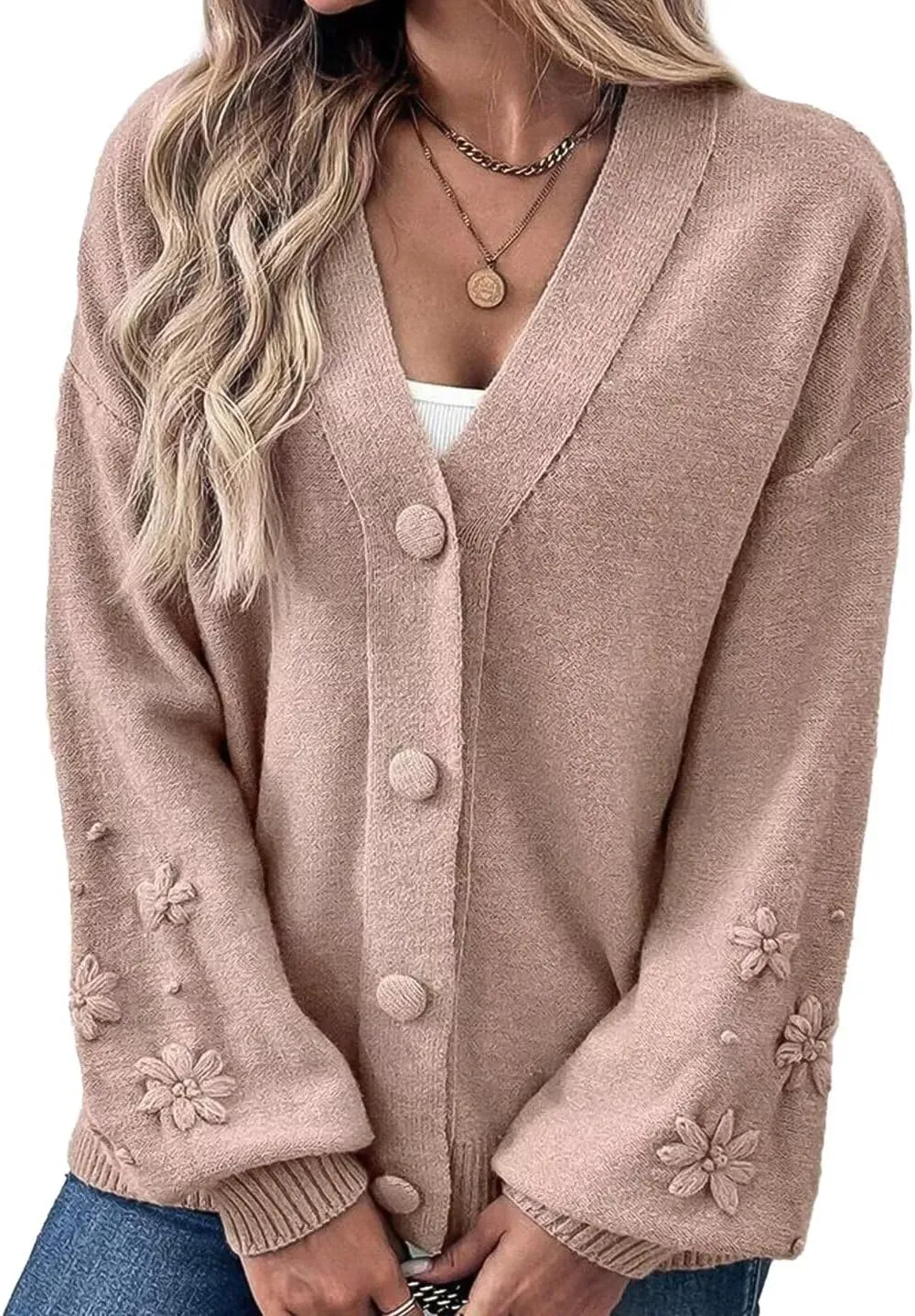 Flamingals Women's Elegant Cardigan Long Sleeve Floral Loose Fit Button Down Coats