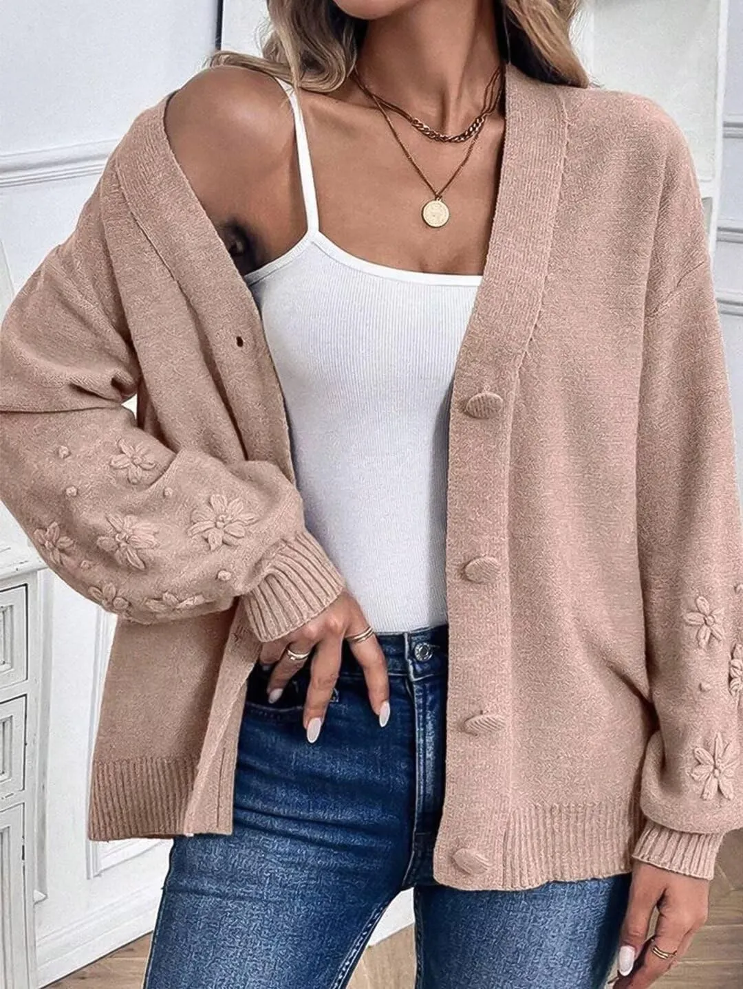 Flamingals Women's Elegant Cardigan Long Sleeve Floral Loose Fit Button Down Coats