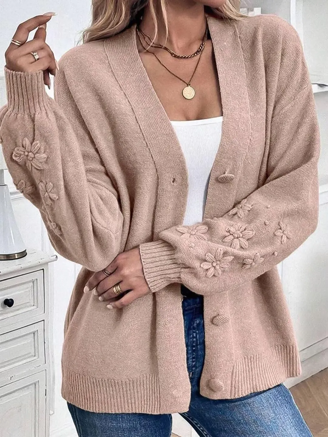 Flamingals Women's Elegant Cardigan Long Sleeve Floral Loose Fit Button Down Coats